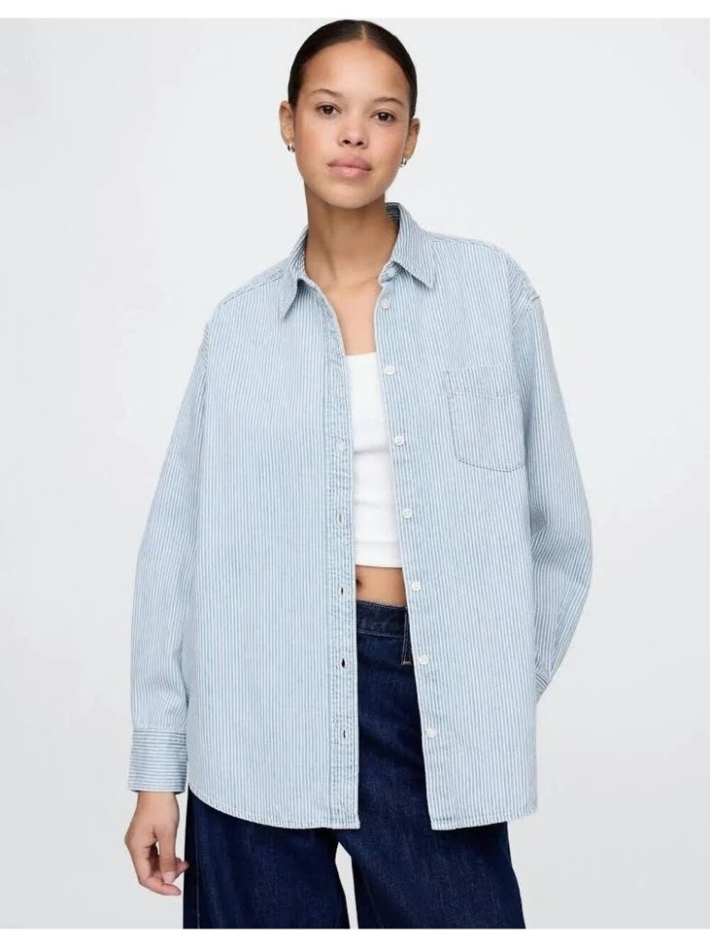 Gap Women's Long Sleeve Denim Stripe Big Shirt Blue White Size L(Tall) NWT